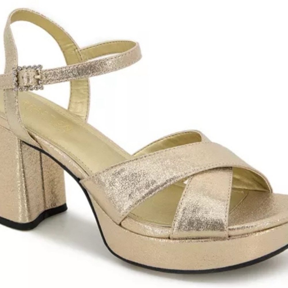 Kenneth Cole Reaction Reeva Criss-Cross Platform Dress Sandals Gold size 7 NWOT